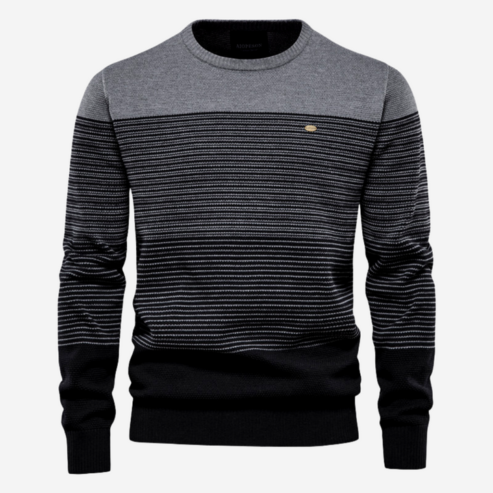 Modern men's striped knit pullover. Casual long sleeve crew neck sweater, great for autumn & winter style.