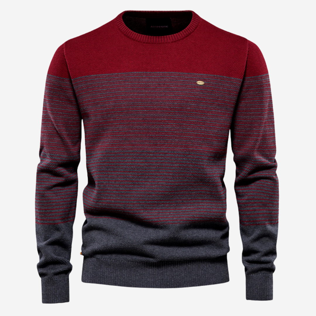 Men's stylish casual striped knit pullover sweater. Long sleeve, crew neck. Perfect for winter & autumn comfort.