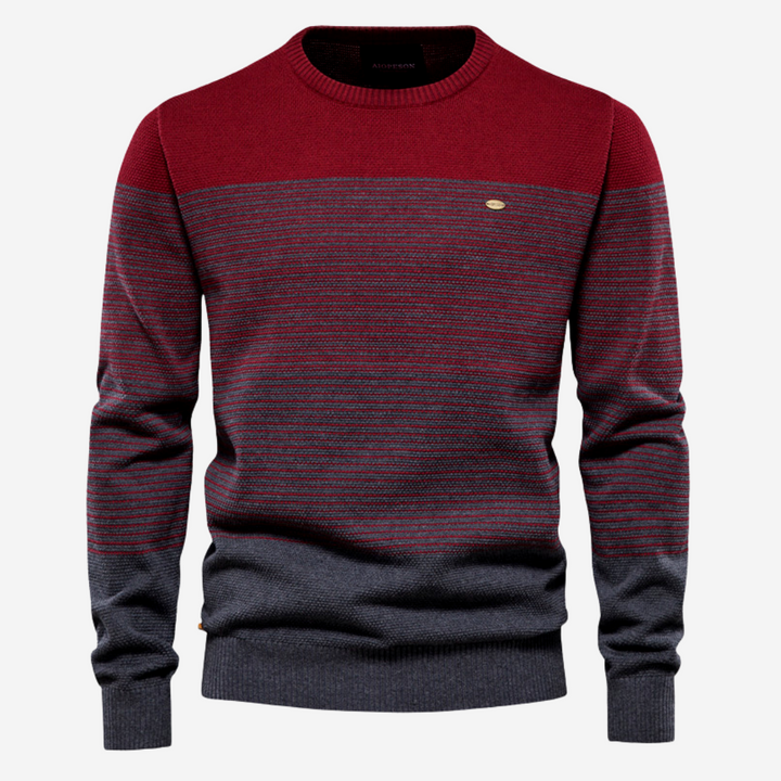 Men's stylish casual striped knit pullover sweater. Long sleeve, crew neck. Perfect for winter & autumn comfort.