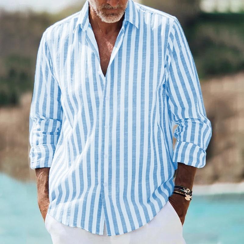 Men's casual striped long sleeve shirt with relaxed fit, perfect for everyday spring and summer fashion.