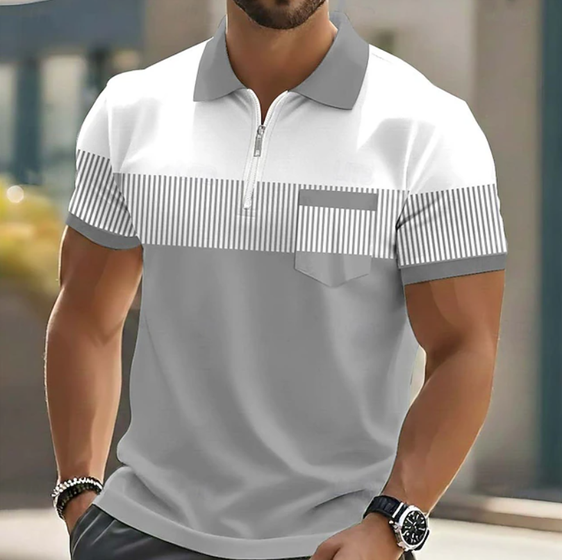 Men's casual striped zipper polo shirt with short sleeves, perfect for everyday wear and modern style.