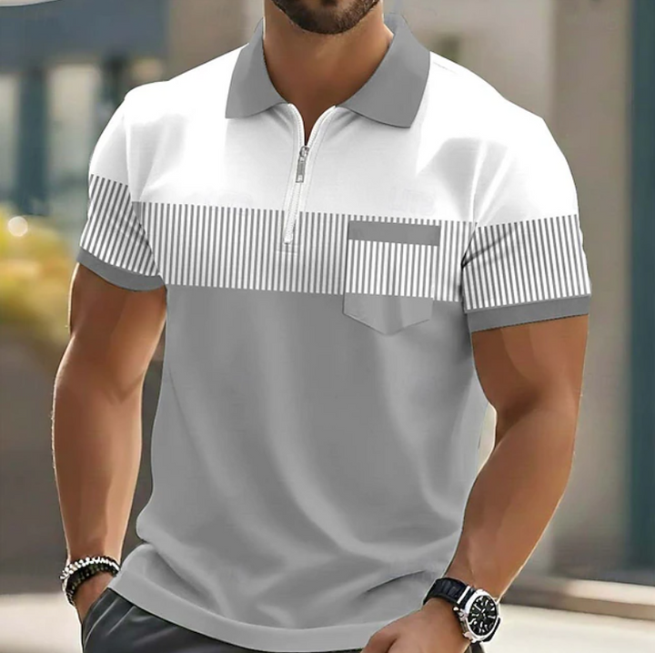 Men's casual striped zipper polo shirt with short sleeves, perfect for everyday wear and modern style.