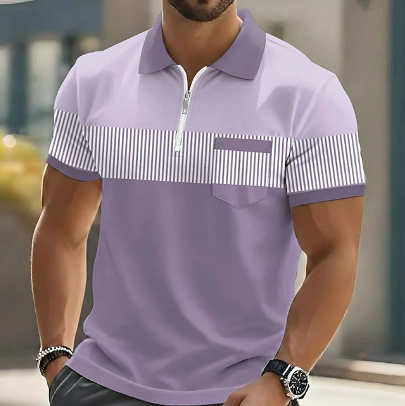 Comfortable men's striped zipper polo shirt, a versatile short-sleeve casual top for modern men's fashion.