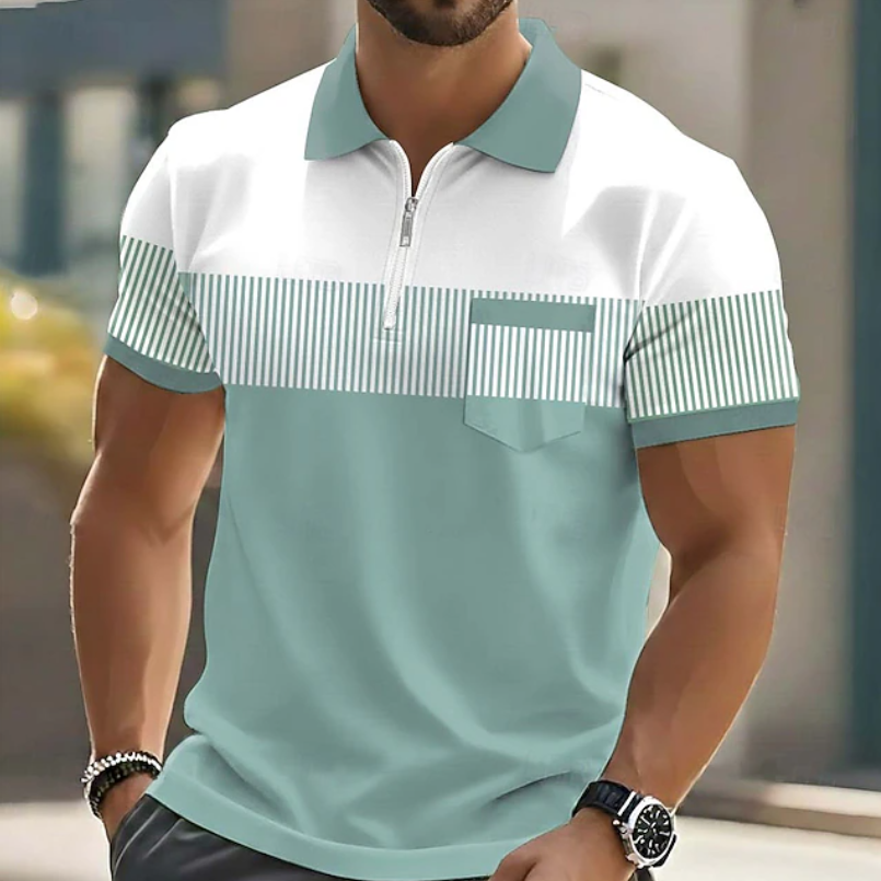 Stylish men's short-sleeve striped polo with a functional zipper closure, ideal for a modern casual look.