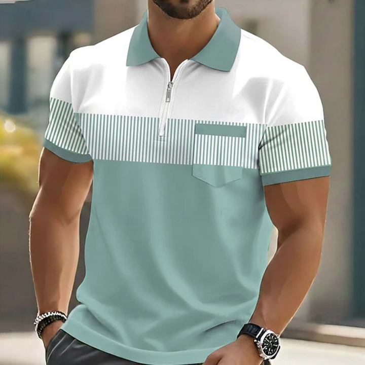 Stylish men's short-sleeve striped polo with a functional zipper closure, ideal for a modern casual look.