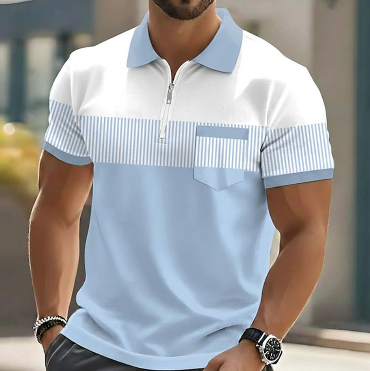 Classic men's casual striped polo shirt with a modern zipper, great for comfortable, everyday men's fashion.