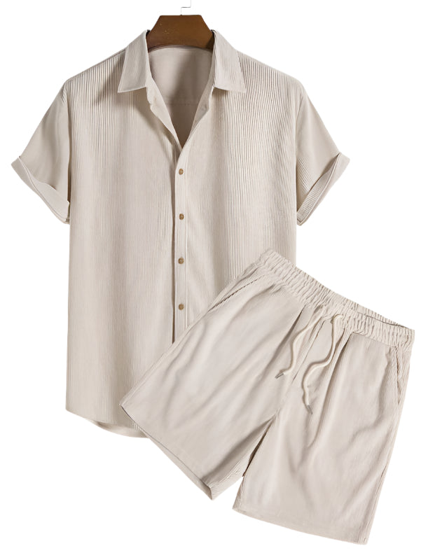 Men's casual summer outfit set: comfortable short sleeve shirt and matching shorts, perfect for vacation.