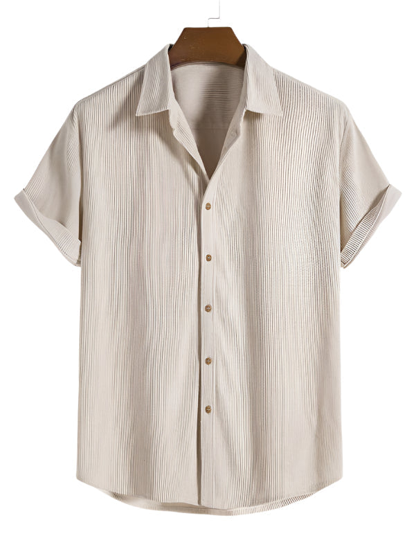 Relaxed men's summer set, featuring a minimalist short sleeve shirt & coordinating shorts for casual wear.