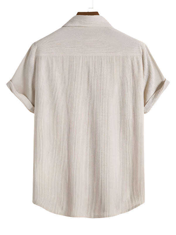 Stylish men's summer vacation outfit: comfortable short sleeve shirt and lightweight shorts combo.
