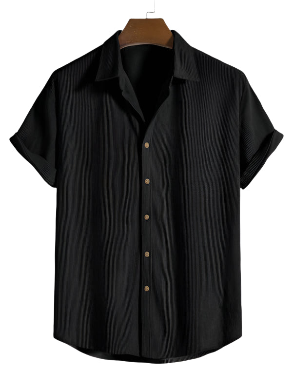 Men's casual summer outfit: short sleeve shirt and comfortable shorts, designed for relaxed vacation style.