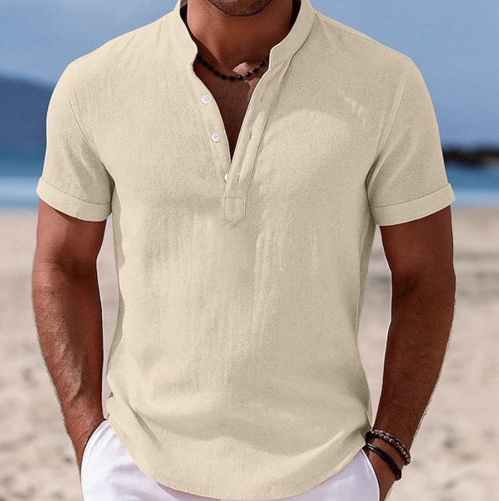 Folded men's comfortable short sleeve button-up shirt, ready for casual summer wear and warm weather.