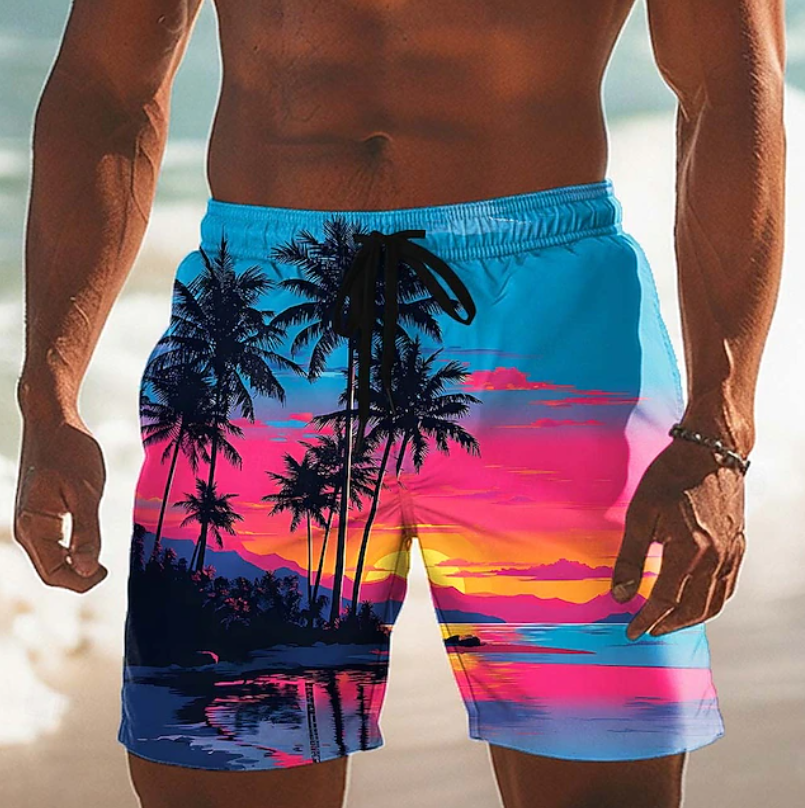 Men's casual shorts featuring a unique coconut tree pattern and a comfortable drawstring waist.