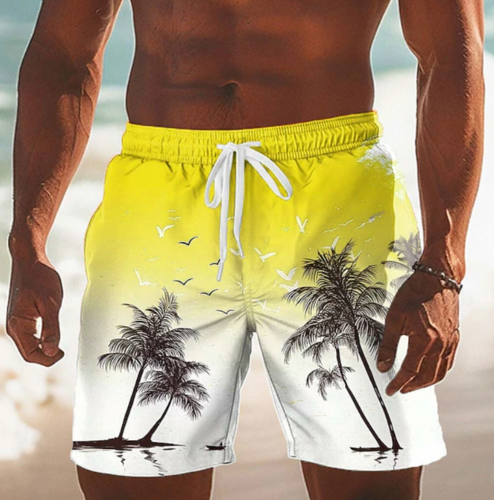 Lightweight men's casual summer shorts, tropical coconut pattern, lace-up waist for comfort.