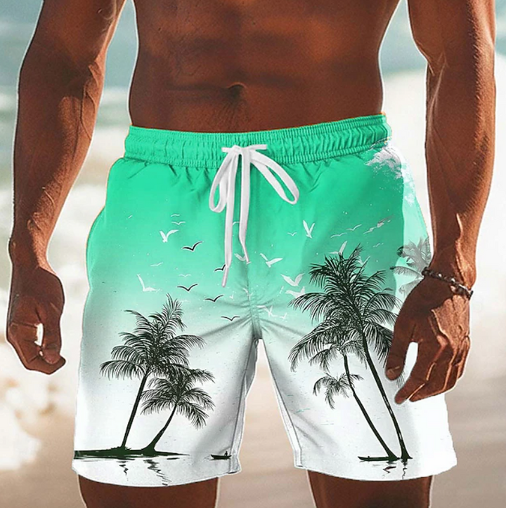 Comfortable men's summer shorts with tropical coconut print, perfect for beachwear & casual style.