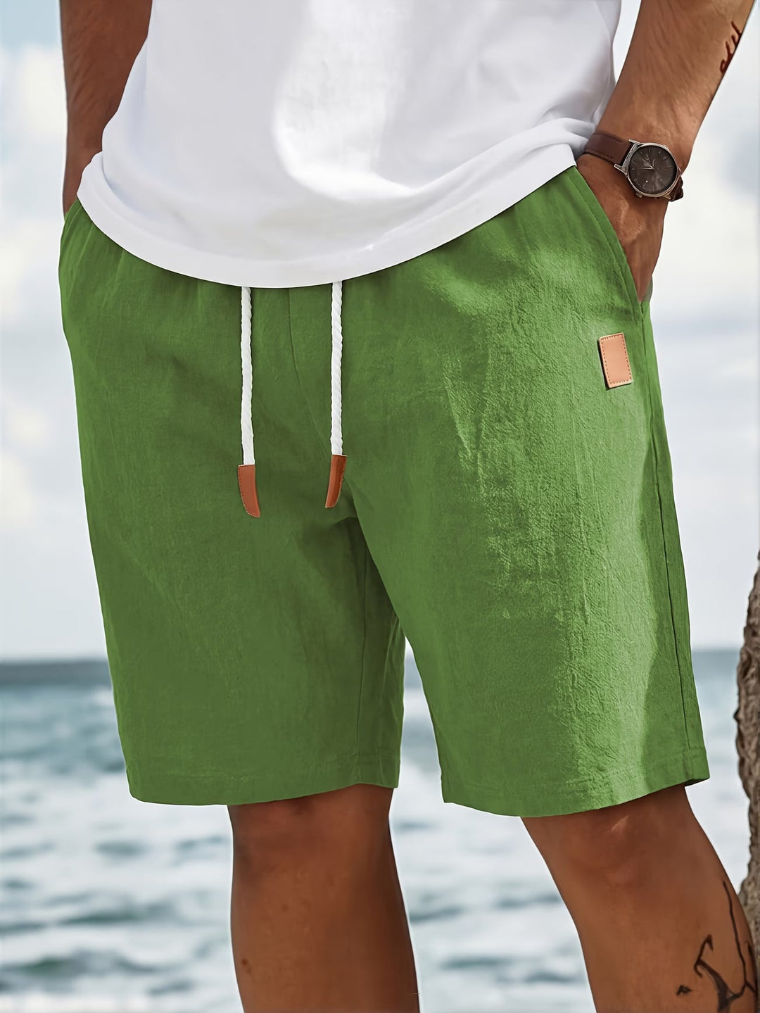 Versatile men's drawstring summer shorts, ideal for beach, holiday, or everyday casual wear; comfortable relaxed fit.
