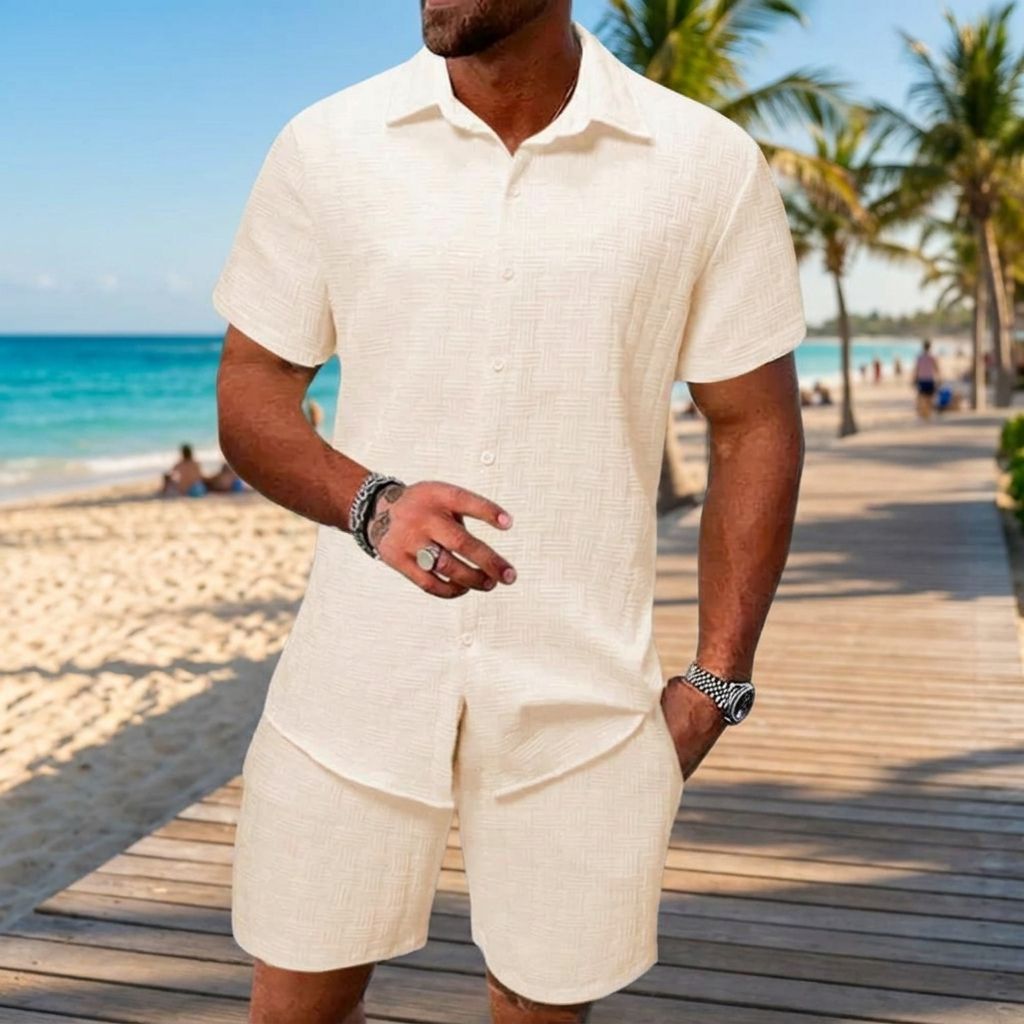 Men's casual summer two-piece set with a short-sleeve button-up shirt and matching shorts for vacation.