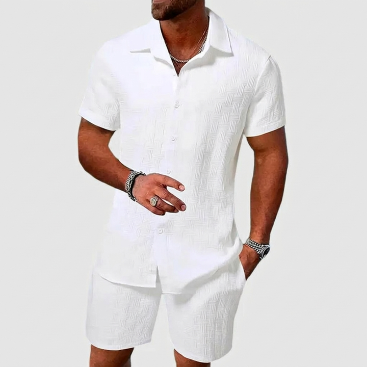 Mens summer button-up two-piece set featuring a short-sleeve shirt and comfortable matching shorts for warm weather.