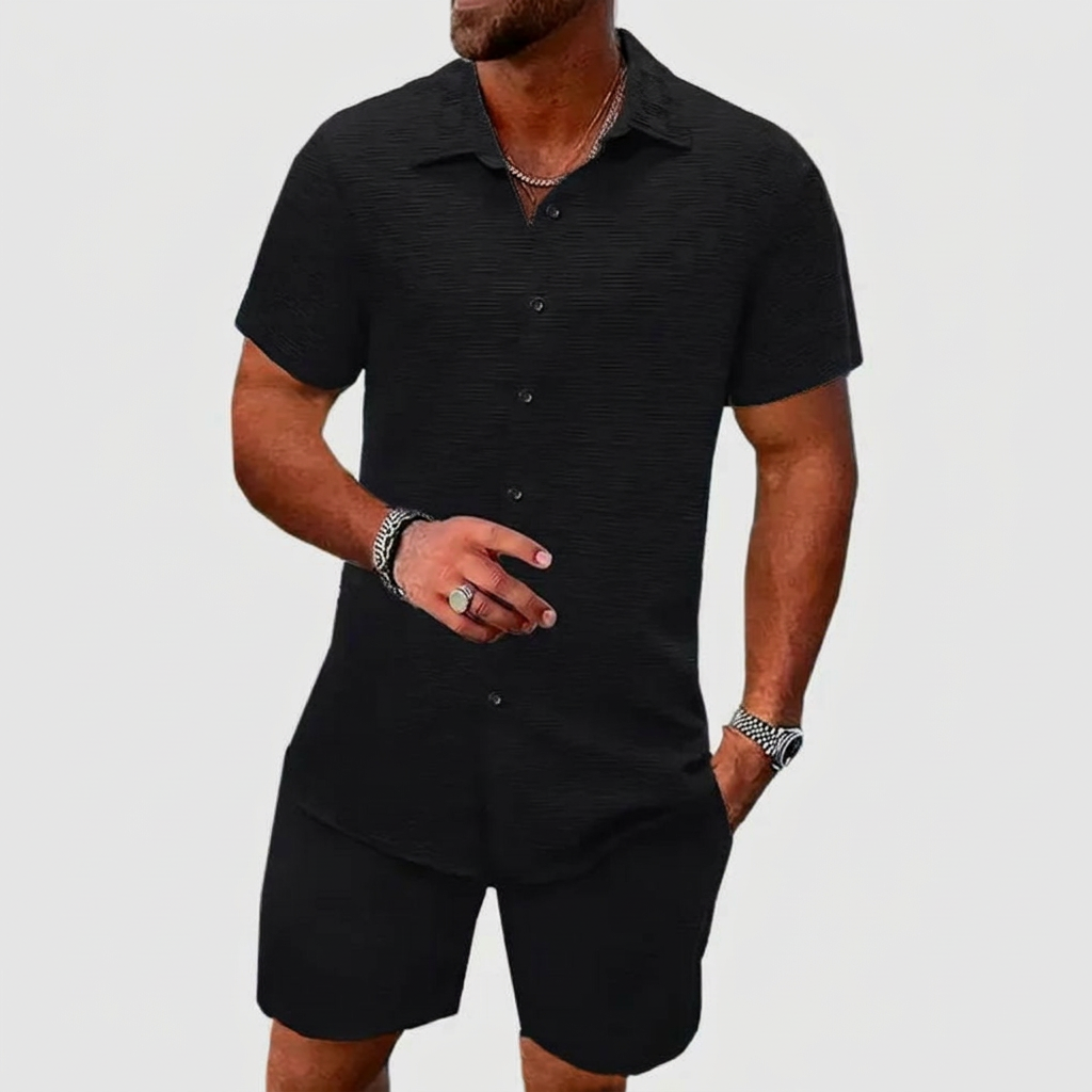 Mens fashion summer two-piece set: a comfortable short-sleeve button-up shirt and casual matching shorts.