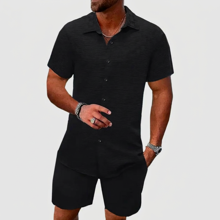 Mens fashion summer two-piece set: a comfortable short-sleeve button-up shirt and casual matching shorts.