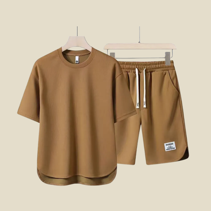 Men's casual summer two-piece set with short sleeve t-shirt and drawstring shorts, perfect for warm weather.