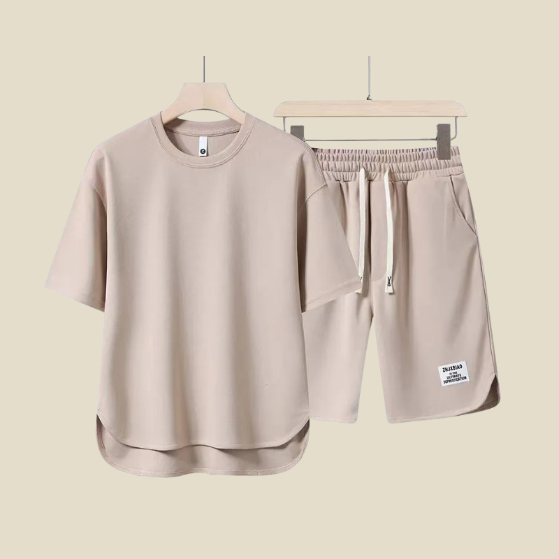 Trendy men's matching short sleeve t-shirt and drawstring shorts set for comfortable casual summer loungewear.