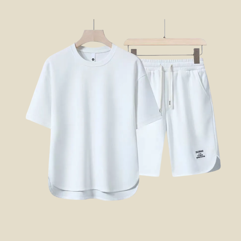 Relaxed fit men's summer outfit: short sleeve tee and drawstring shorts for beach holidays or casual wear.