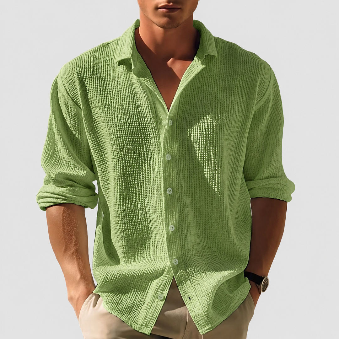 Versatile men's long sleeve button-down shirt with a unique texture, suitable for smart casual & daily fashion.