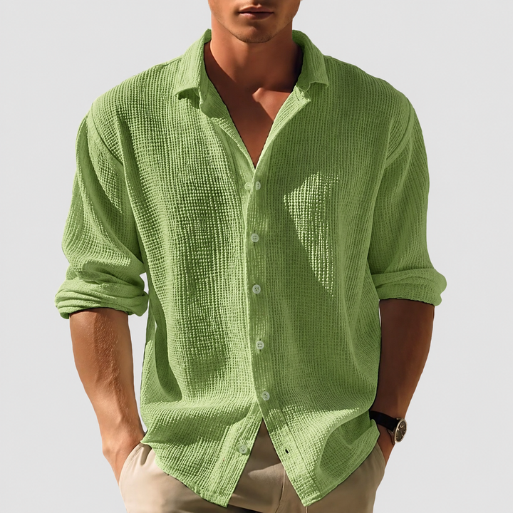Versatile men's long sleeve button-down shirt with a unique texture, suitable for smart casual & daily fashion.