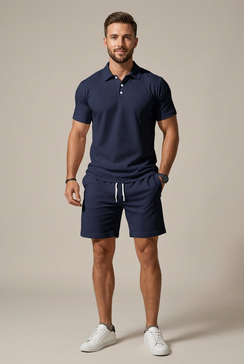 Men's casual textured polo shirt & drawstring shorts set, perfect for summer dailywear.