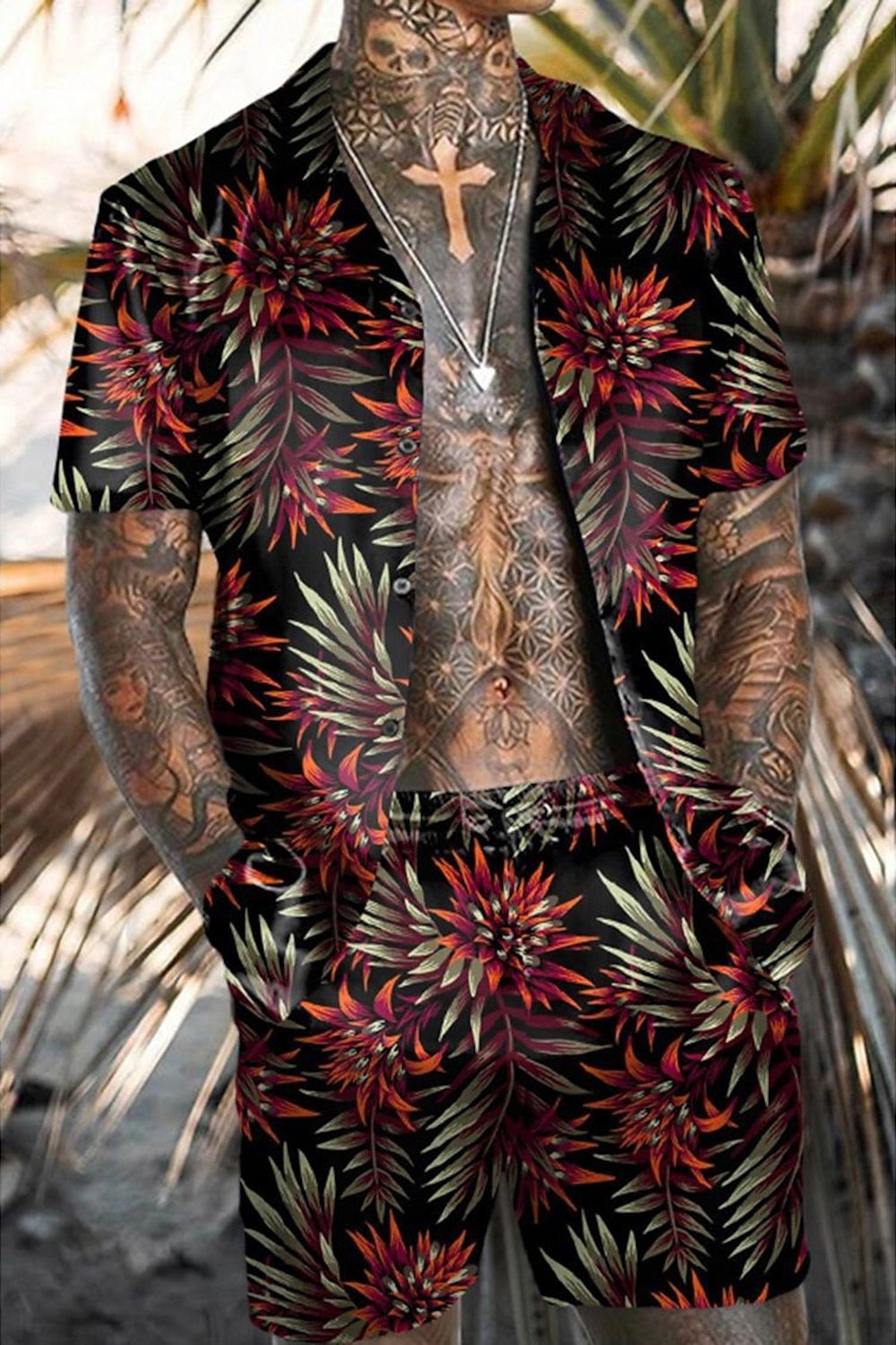 Men's casual two-piece beach set, perfect for summer vacations and relaxed outings. Includes shirt & shorts.