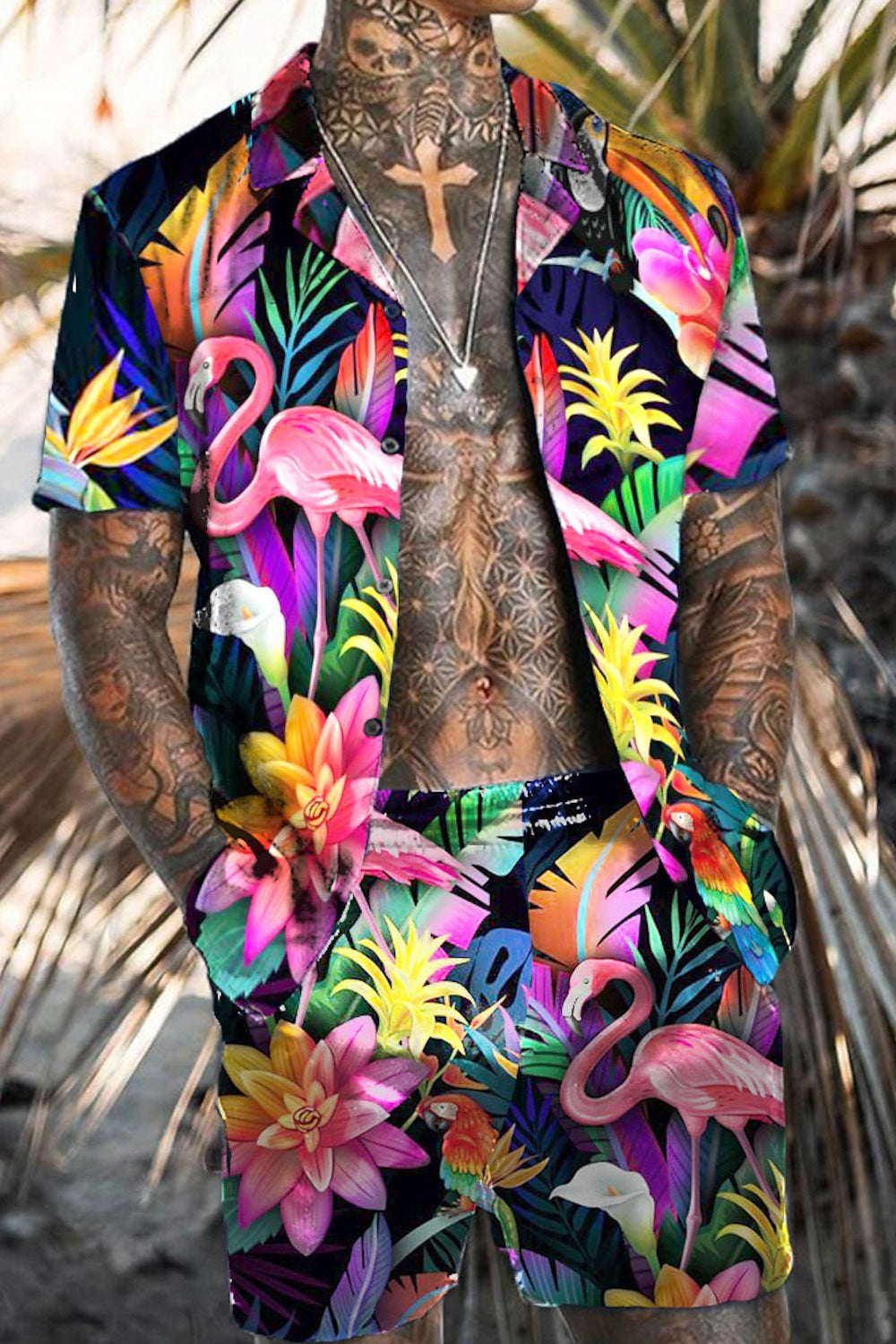Stylish men's summer two-piece outfit featuring a short-sleeve shirt & matching shorts for beach & casual wear.