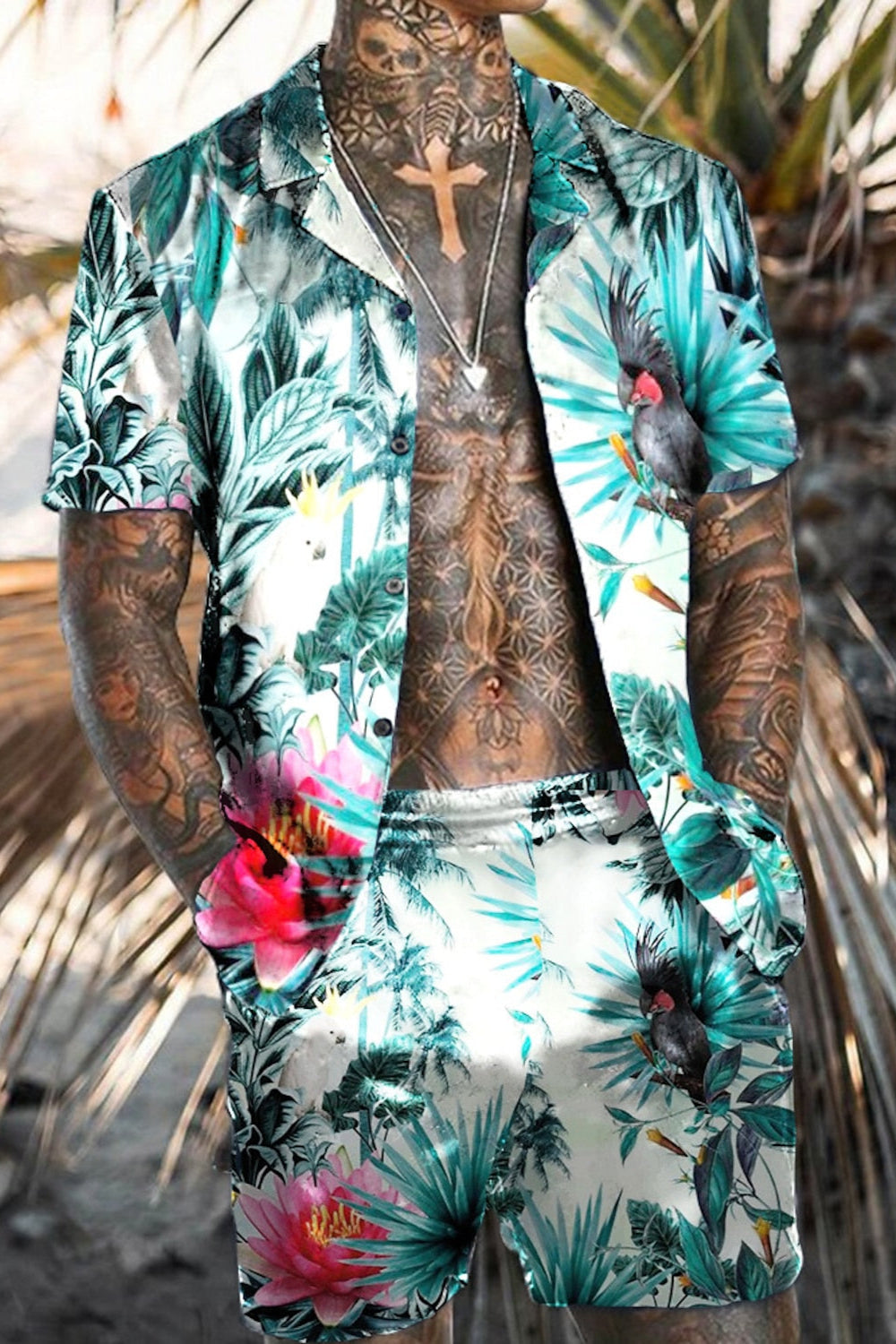 Comfortable men's casual beach set. Short-sleeve shirt & matching shorts ideal for summer, vacation, or resort.