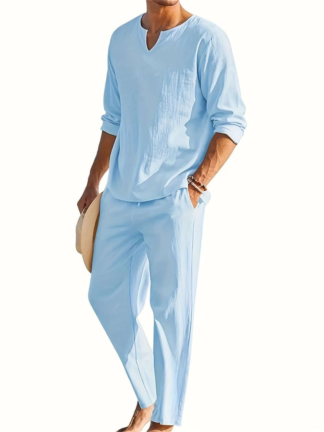 Stylish men's two-piece casual lounge set. Comfortable summer outfit for relaxed wear.