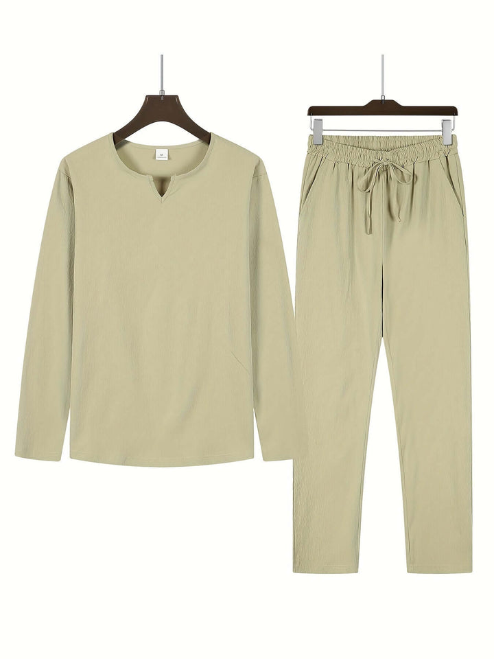 Men's comfortable two-piece casual outfit. Stylish loungewear for relaxed summer days.