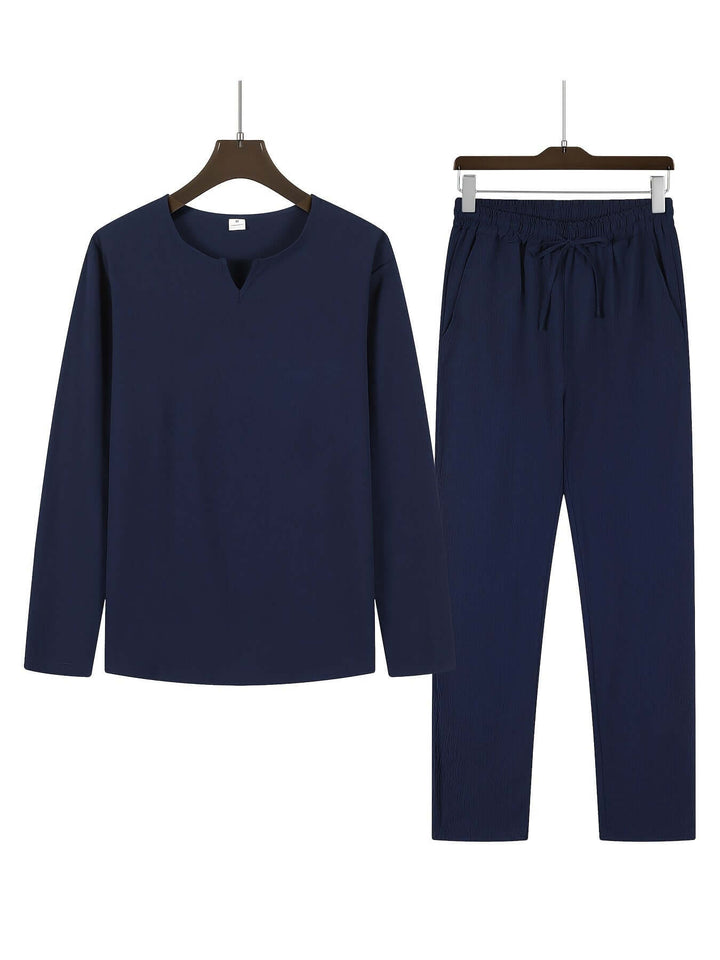 Men's relaxed two-piece casual set. Comfortable loungewear outfit for summer and autumn.