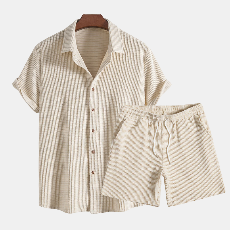 Men's casual two-piece shirt & shorts set. Perfect relaxed fit summer outfit for beach and vacation wear.