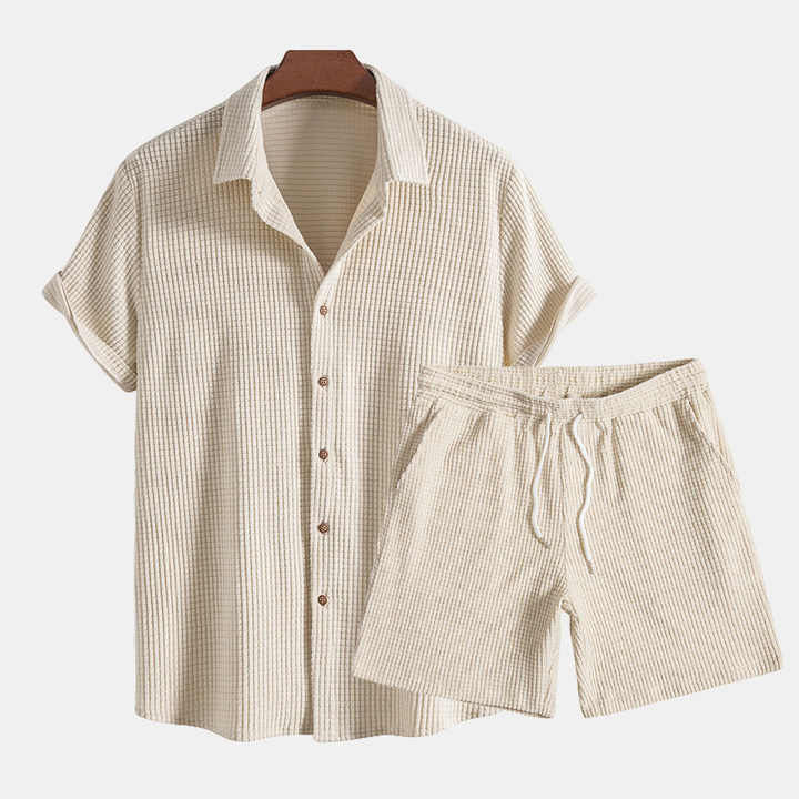 Men's casual two-piece shirt & shorts set. Perfect relaxed fit summer outfit for beach and vacation wear.