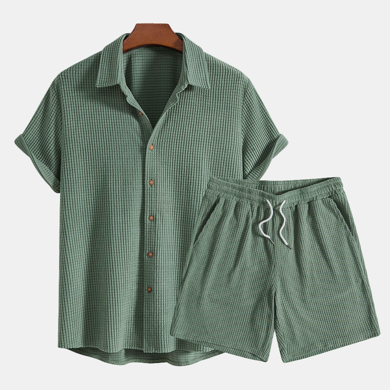 Comfortable men's button-up shirt & matching shorts set. Ideal two-piece casual summer outfit.