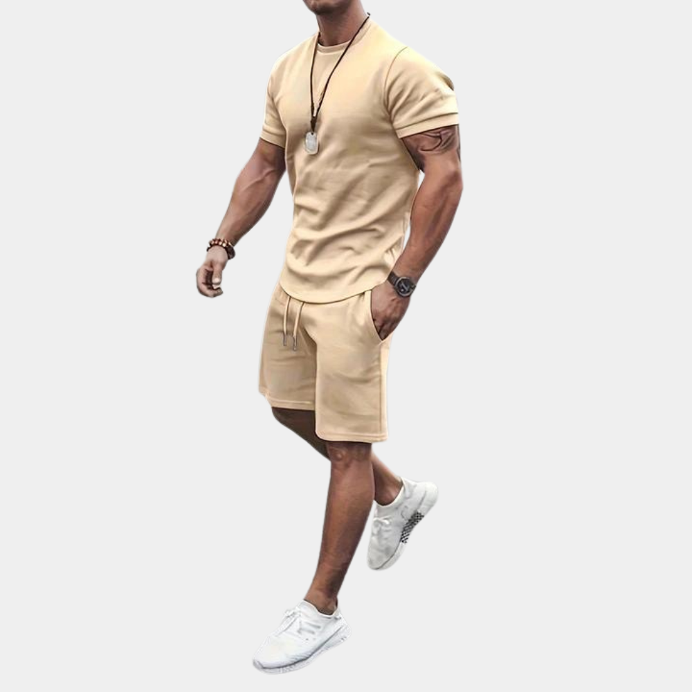 Men's casual two-piece summer set with short-sleeve shirt & drawstring shorts. Lightweight & breathable for comfort.