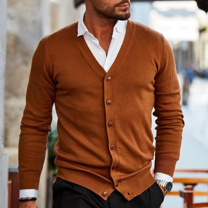 Stylish men's V-neck button-up cardigan, perfect for smart casual layering in fall and winter outfits.