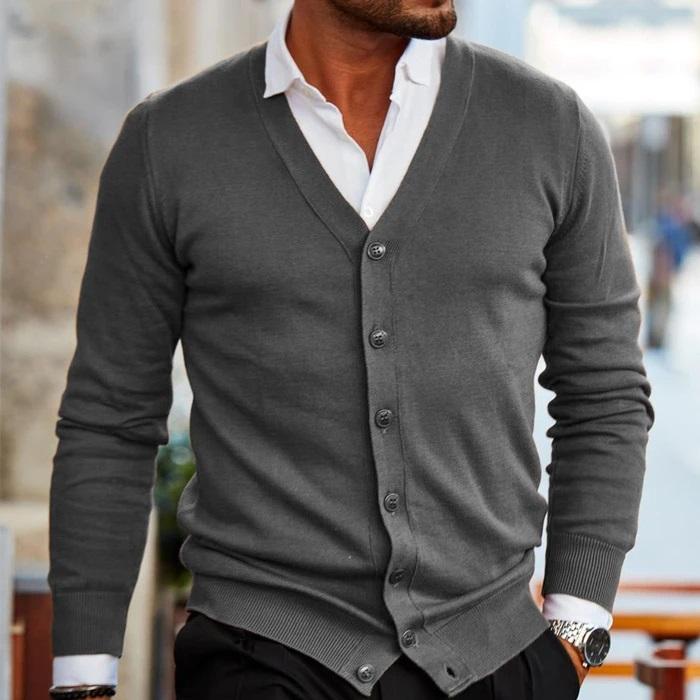 Versatile men's long-sleeve V-neck button-up cardigan, great for fall fashion layering & winter comfort.