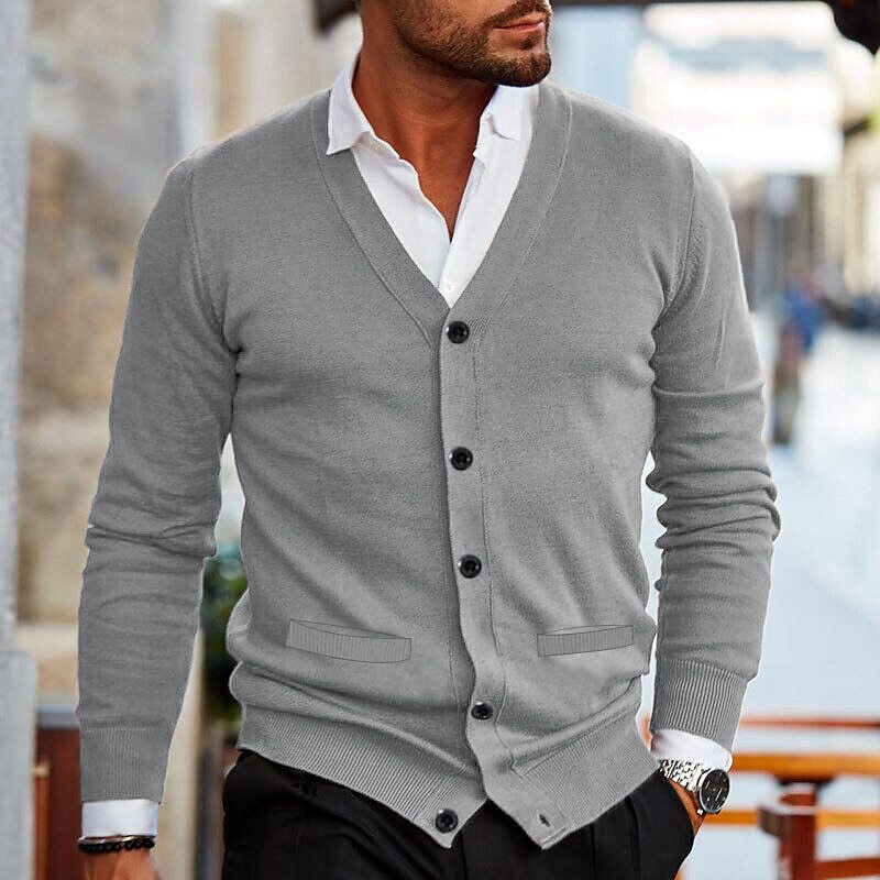 Men's versatile V-neck button-up cardigan, comfortable long-sleeve knit for smart casual and everyday fashion.