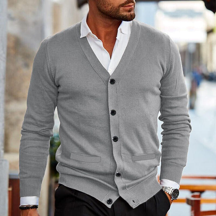 Men's versatile V-neck button-up cardigan, comfortable long-sleeve knit for smart casual and everyday fashion.