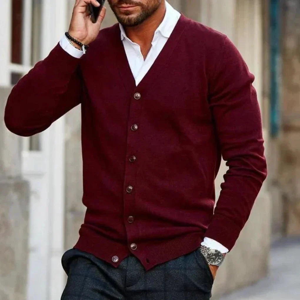 Men's casual V-neck cardigan, button-up knit for everyday comfort & style. Perfect layering piece.