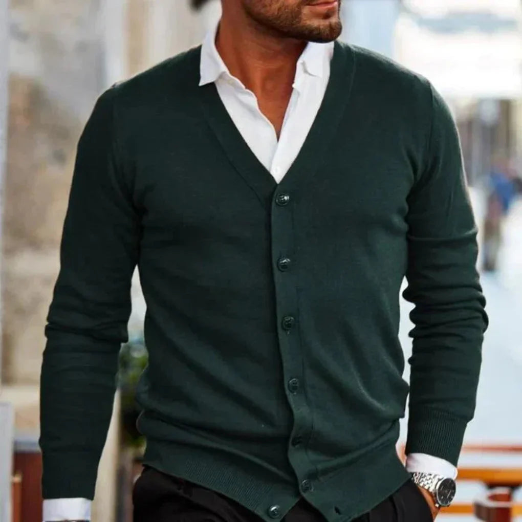 Comfortable men's V-neck cardigan, perfect for casual wear, office or everyday layering. Mens fashion essential.