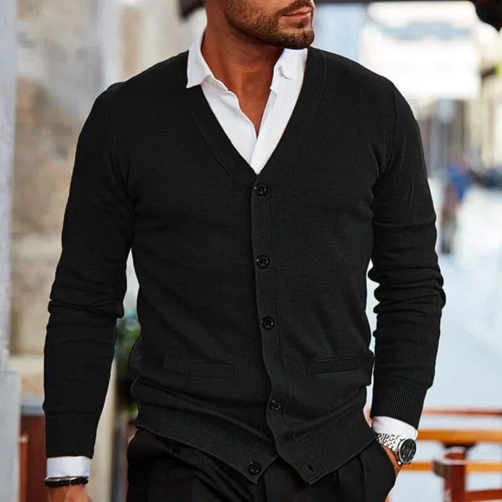 Classic men's button-up V-neck cardigan. Versatile knit outerwear for everyday comfort & winter style.