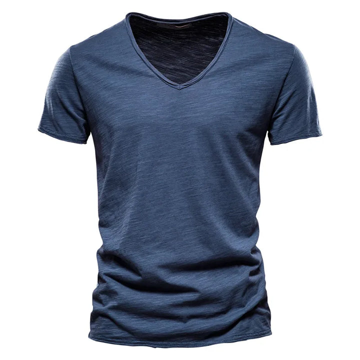 Men's casual V-neck summer shirt, short sleeve, lightweight & comfortable for effortless style.