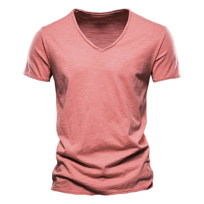 Stylish men's V-neck summer top. Casual short sleeve shirt, versatile for warm weather fashion.