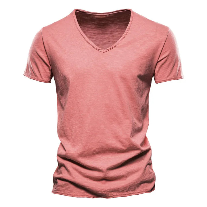 Stylish men's V-neck summer top. Casual short sleeve shirt, versatile for warm weather fashion.