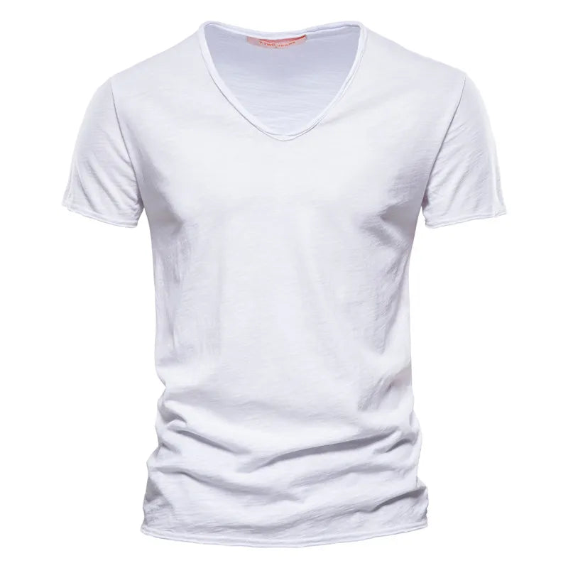 Modern men's V-neck casual summer shirt. Short sleeve top for relaxed, fashionable warm-weather style.